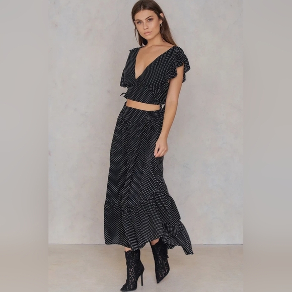 Free People Pretty Daze 2-Piece Midi Skirt Set Black & White Polka Dot Flutter - Picture 1 of 17